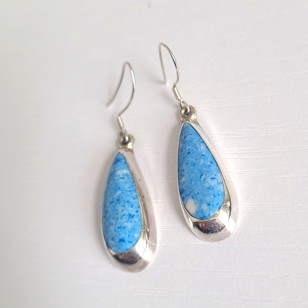 Vintage Boho Sterling Silver Teardrop Blue Apatite Gemstone Drop Dangle Earrings